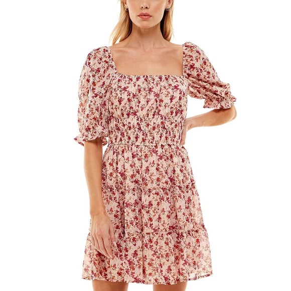 Trixxi JR Tiered Floral Fit & Flare Mini Dress S Short Sleeve Chiffon Lined Pink - Picture 1 of 16